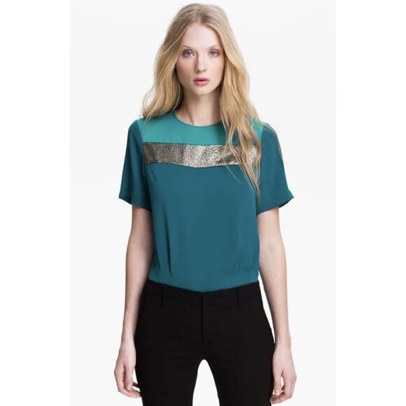 Diane Von Furstenberg Blouse Women Size 0 Silk Darla Colorblock Short Sleeve Top - Picture 2 of 15